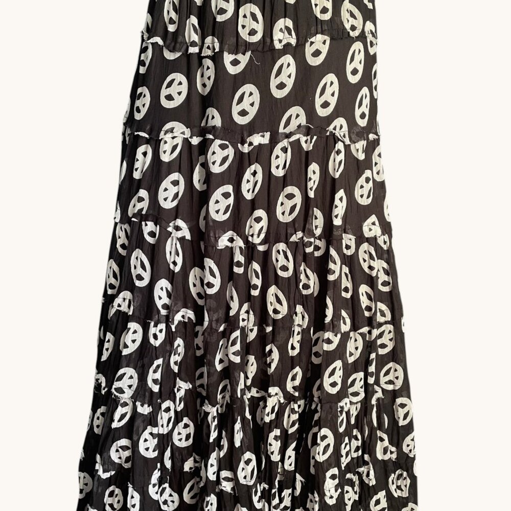 Baba Maxi Boho Skirt Peace Signs. Black & White Tiered. One Size Cotton
